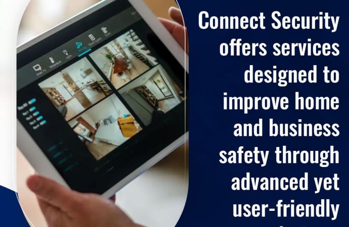 A person holding a tablet displaying a smart home interface with multiple camera feeds and controls for various smart devices. Text on the image promotes Connect Security's solutions for home and business safety.