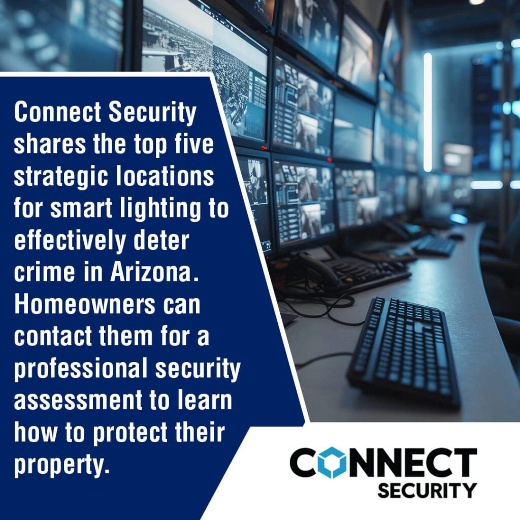 An image displaying a control room with multiple security camera feeds, with text overlaying the image on the left.