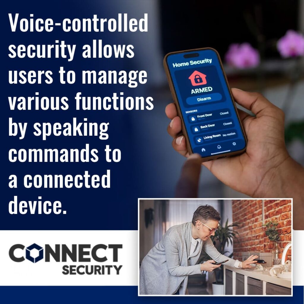 A hand holding a smartphone displaying a "Home Security" app with "ARMED" status. Below it, a smaller inset image shows a person interacting with a smart device at home. Text on the image discusses voice-controlled security.